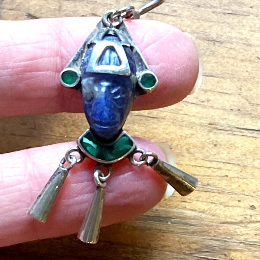 Stunning Taxco mask earrings in sterling, lapis lazuli & malachite - Picture 3 of 6